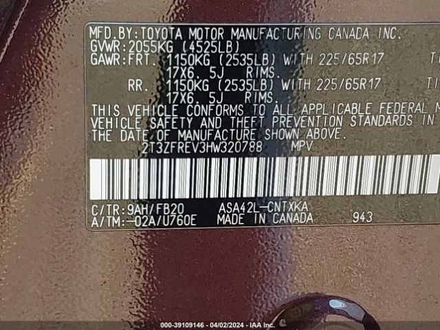 2T3ZFREV3HW320788 Toyota RAV4 LE