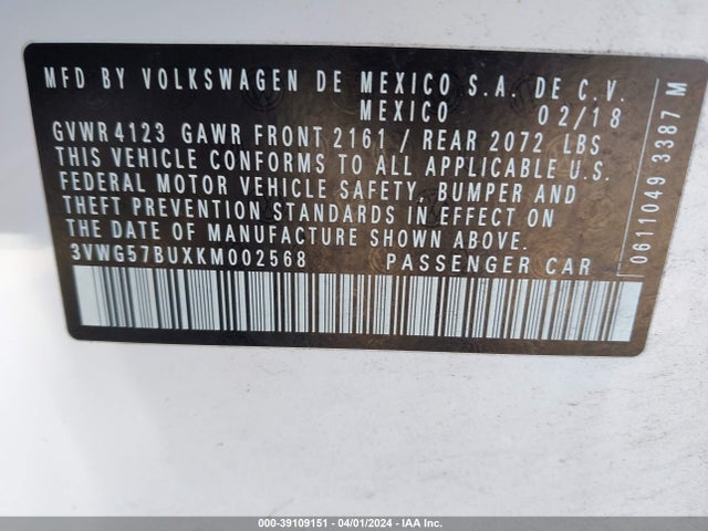 2019 Volkswagen Jetta 1.4t Sel Premium მანქანა იყიდება აუქციონზე, vin: 3VWG57BUXKM002568, აუქციონის ნომერი: 39109151