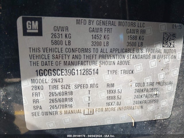Chevrolet Colorado Lt 2016 1GCGSCE39G1128514 Image 9