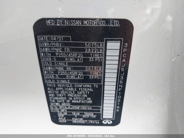3PCAJ5J35NF102166 Infiniti Qx55 Luxe Awd