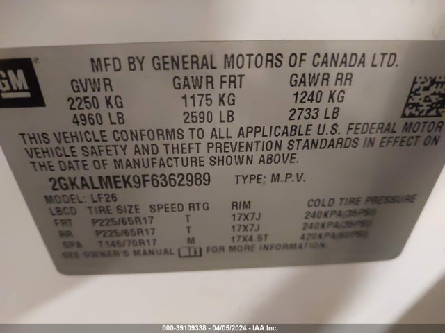 GMC Terrain Sle-1 2015 2GKALMEK9F6362989 Image 9