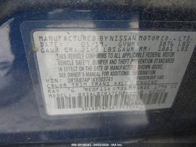 Nissan SENTRA S 2019 3N1AB7AP1KY303741 Image 9