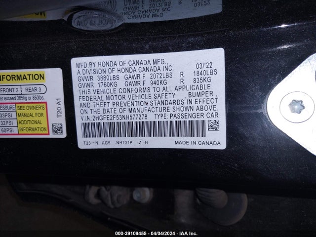 Honda Civic Sport 2022 2HGFE2F53NH577278 Image 9