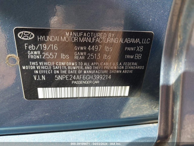 Hyundai SONATA SE 2016 5NPE24AF6GH399214 Image 9