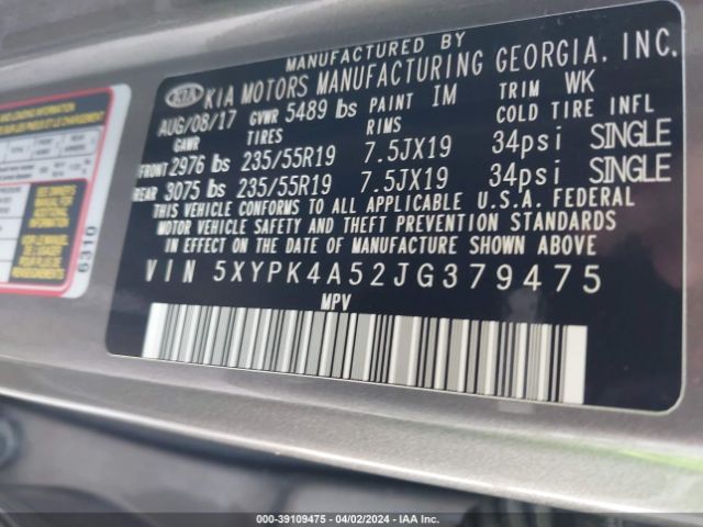 5XYPK4A52JG379475 KIA Sorento 3.3l Sxl