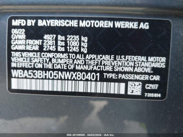 WBA53BH05NWX80401 BMW 530 I