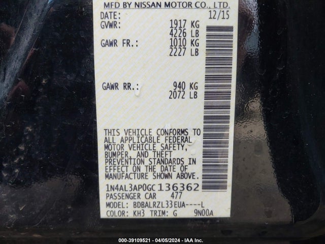 Nissan Altima 2.5 Sl 2016 1N4AL3AP0GC136362 Image 9