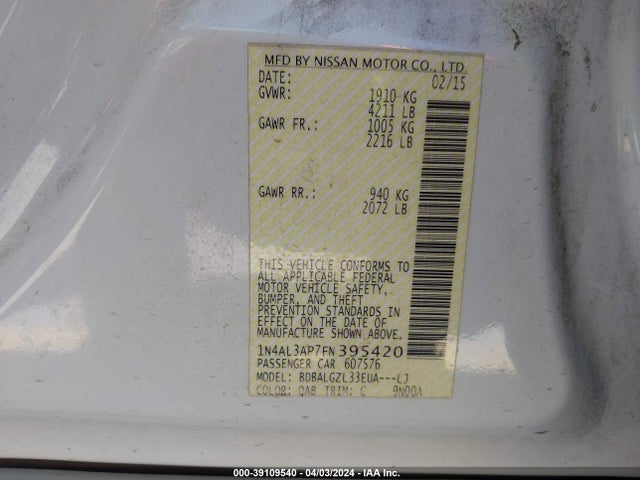 Nissan Altima 2.5 S 2015 1N4AL3AP7FN395420 Image 9