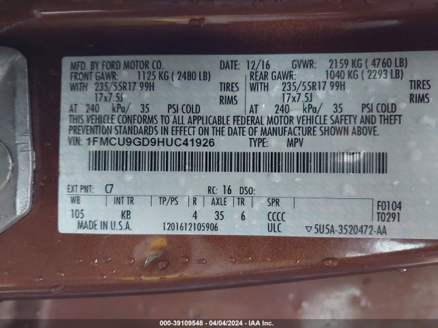 Ford ESCAPE SE 2017 1FMCU9GD9HUC41926 Image 9