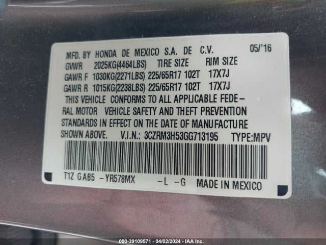 Honda CR-V EX 2016 3CZRM3H53GG713195 Image 9
