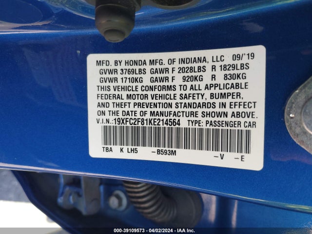 Honda Civic Sport 2019 19XFC2F81KE214564 Image 9