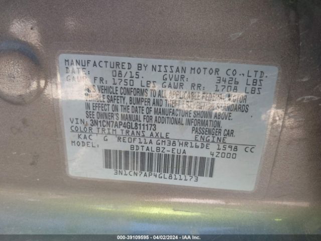 3N1CN7AP4GL811173 Nissan Versa 1.6 S/1.6 S+/1.6 Sl/1.6 Sv