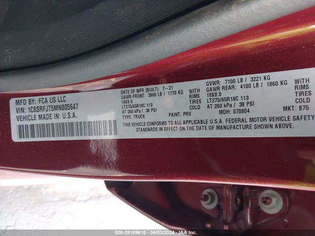 RAM 1500 Laramie  4x4 5'7 Box 2021 1C6SRFJT5MN805647 Image 9