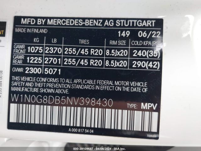 W1N0G8DB5NV398430 Mercedes-Benz Glc 300 Suv