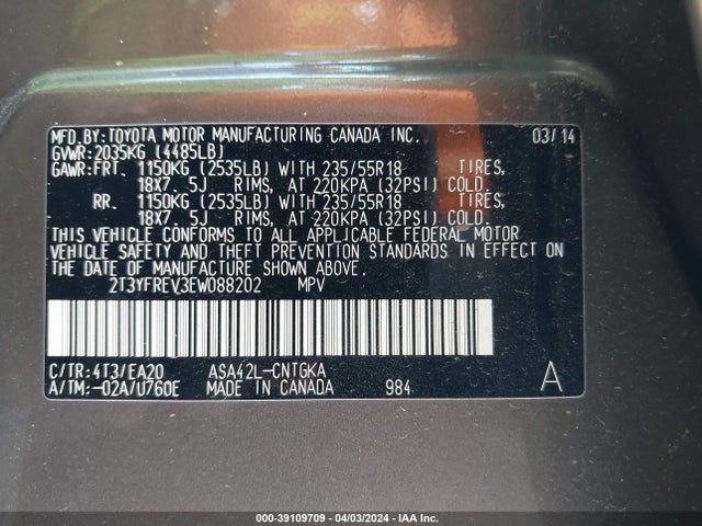 Toyota Rav4 Limited 2014 2T3YFREV3EW088202 Image 9