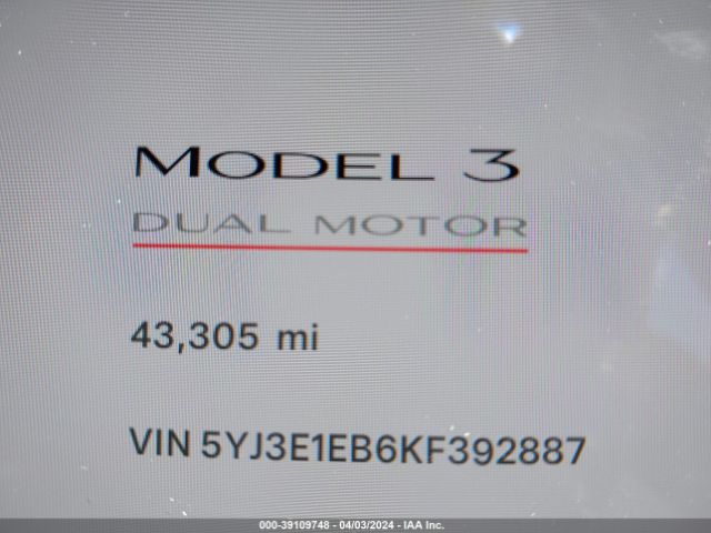 5YJ3E1EB6KF392887 Tesla Model 3 Long Range/performance