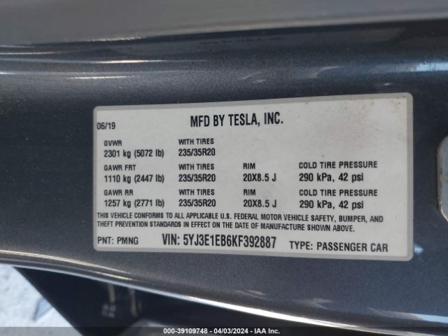 5YJ3E1EB6KF392887 Tesla Model 3 Long Range/performance