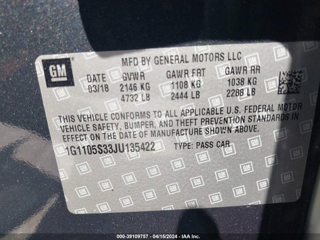 Chevrolet IMPALA 1LT 2018 1G1105S33JU135422 Image 9