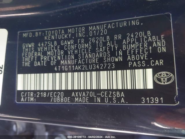 4T1G11AK2LU342723 Toyota Camry Se Nightshade Edition