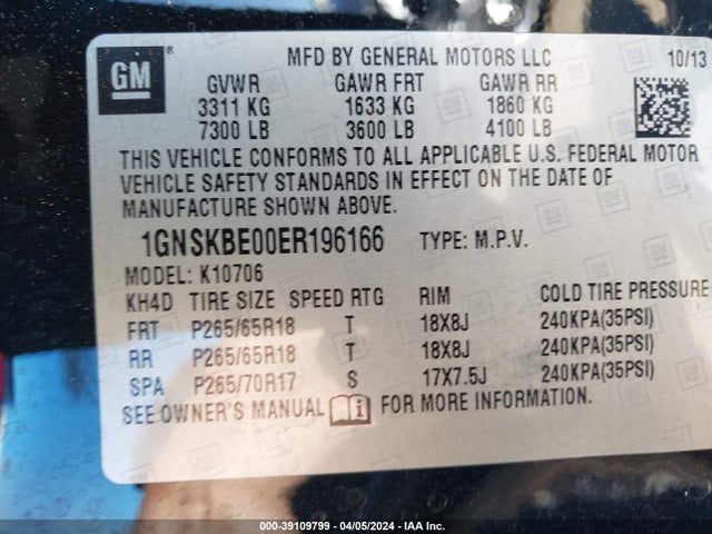 Chevrolet Tahoe Lt 2014 1GNSKBE00ER196166 Image 9