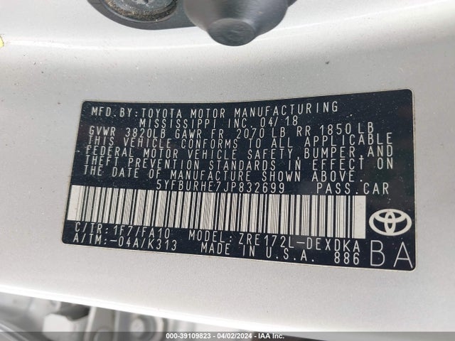 Toyota COROLLA L 2018 5YFBURHE7JP832699 Image 9