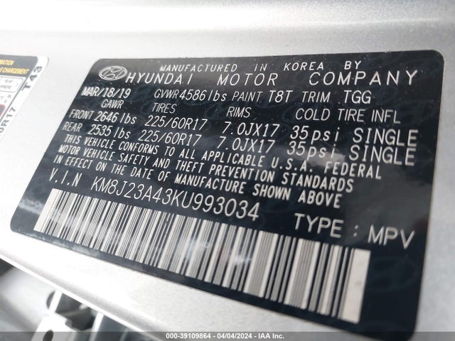 Hyundai TUCSON SE 2019 KM8J23A43KU993034 Image 9