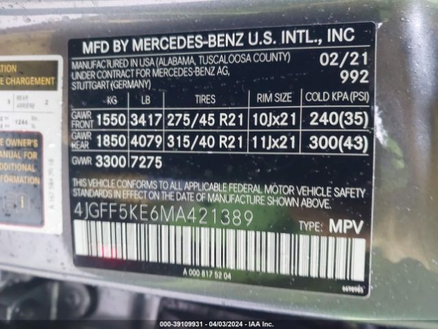 4JGFF5KE6MA421389 Mercedes-Benz Gls 450 4matic