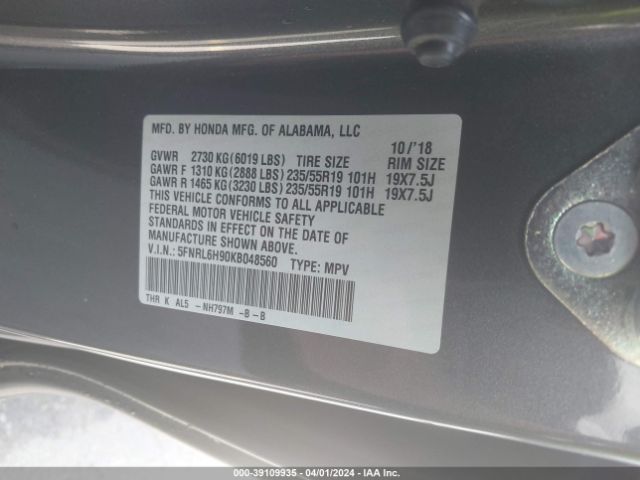 5FNRL6H90KB048560 Honda Odyssey Elite