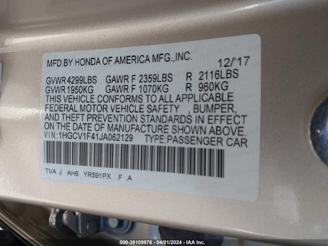 Honda ACCORD EX 2018 1HGCV1F41JA062129 Image 9