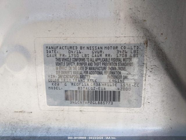 3N1CN7AP2GL885773 Nissan Versa 1.6 Sl