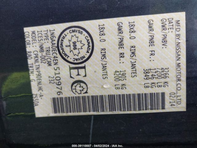 1N6AA0EC4EN510976 Nissan Titan Pro-4x/s/sl/sv