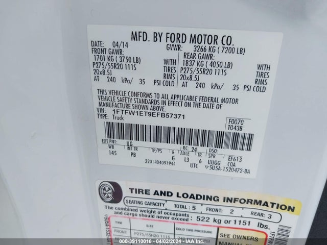 Ford F-150 Platinum 2014 1FTFW1ET9EFB57371 Image 9