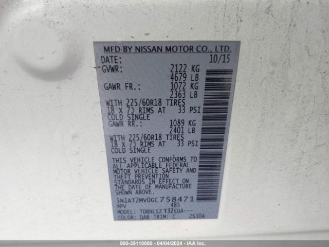 5N1AT2MV0GC758471 Nissan Rogue Sl