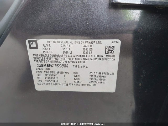 Chevrolet EQUINOX 1LT 2014 2GNALBEK1E6298582 Image 9