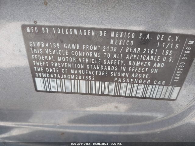3VWD67AJ8GM287852 Volkswagen Jetta 1.4t Se