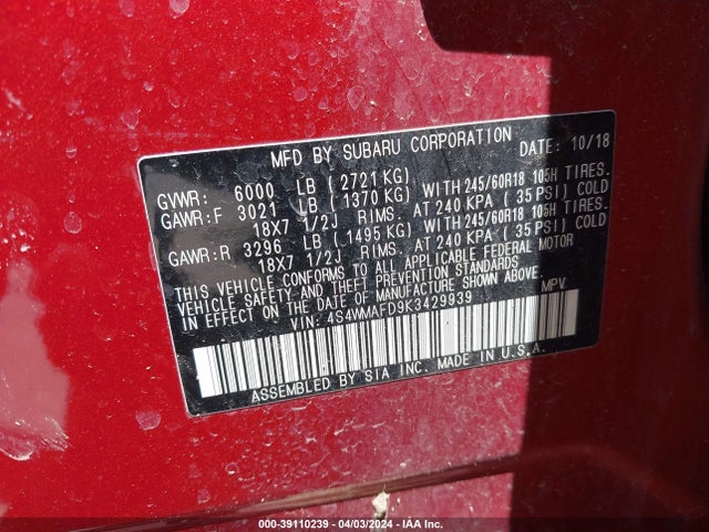 Subaru Ascent Premium 2019 4S4WMAFD9K3429939 Image 9