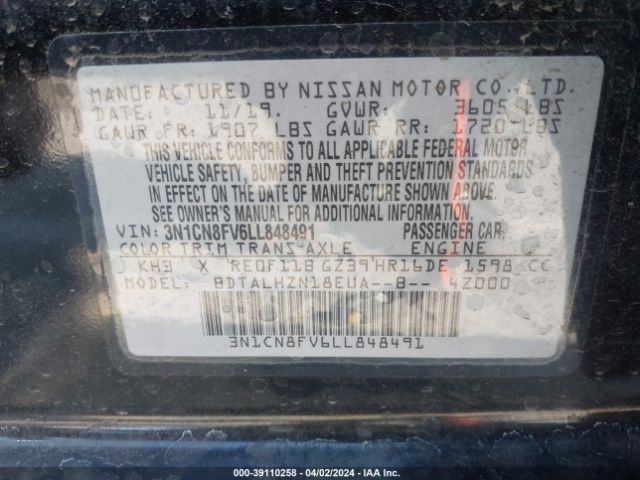 3N1CN8FV6LL848491 Nissan Versa Sr Xtronic Cvt