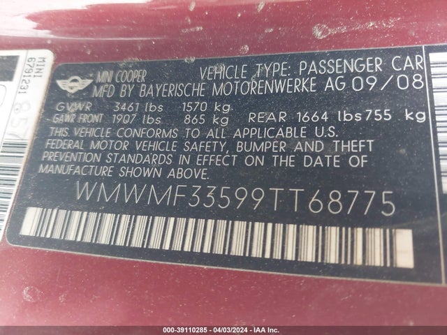 2009 MINI COOPER WMWMF33599TT68775 Photo 8