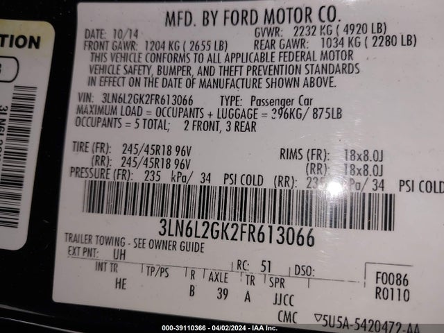 3LN6L2GK2FR613066 Lincoln MKZ