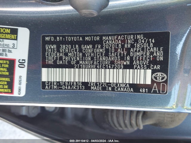 Toyota COROLLA LE 2014 2T1BURHE4EC147209 Image 9