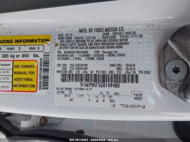 Ford FUSION SE 2016 3FA6P0H75GR149480 Image 9