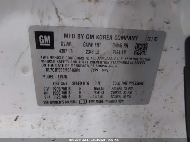 Chevrolet Trax Awd Lt 2021 KL7CJPSB5MB346991 Image 9