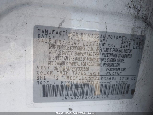 Nissan SENTRA SV 2019 3N1AB7AP3KY338569 Image 9
