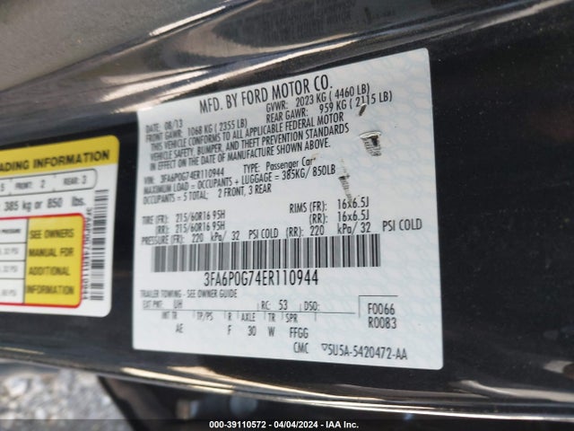 Ford FUSION S 2014 3FA6P0G74ER110944 Image 9