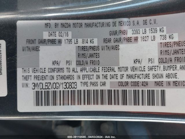3MYDLBZV0GY130803 Scion IA