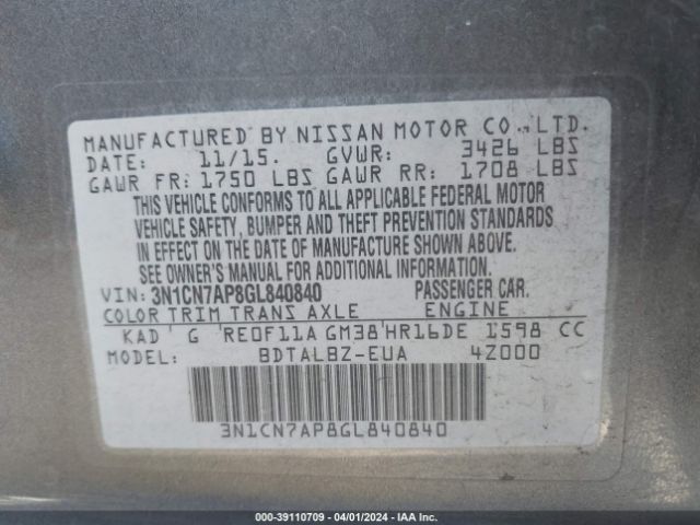 3N1CN7AP8GL840840 Nissan Versa 1.6 S/1.6 S+/1.6 Sl/1.6 Sv