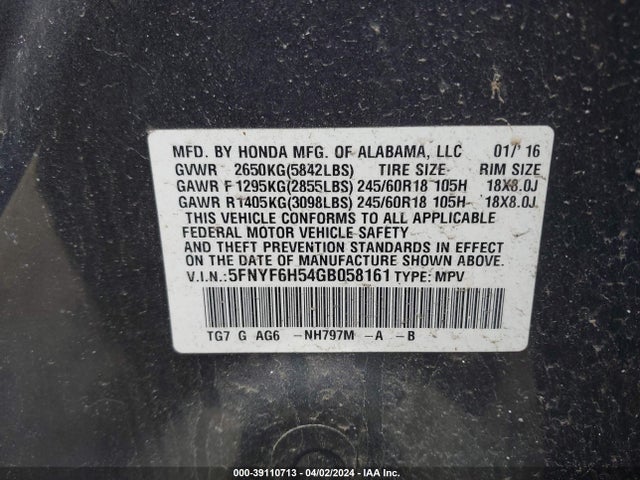 Honda Pilot Ex-l 2016 5FNYF6H54GB058161 Image 9