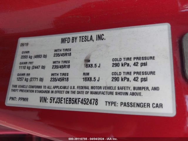 5YJ3E1EB5KF452478 Tesla Model 3 Long Range/performance