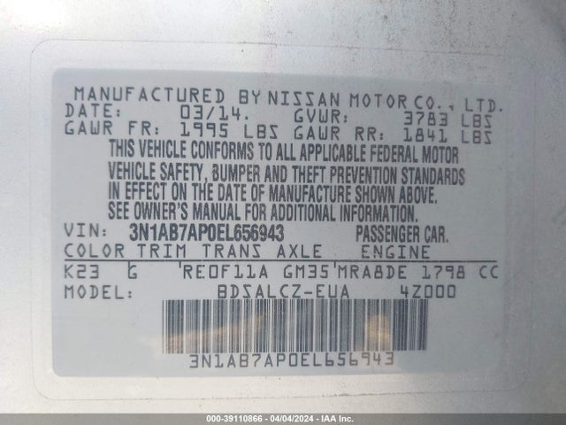 Nissan SENTRA S 2014 3N1AB7AP0EL656943 Image 9