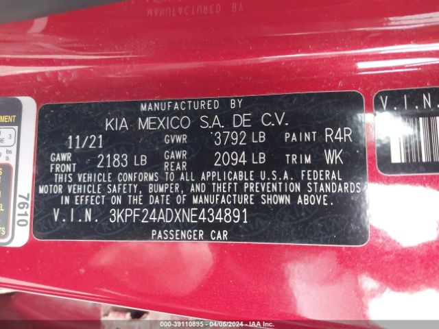 3KPF24ADXNE434891 KIA Forte Lxs